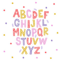 Colorful hand drawn Latin alphabet with snowflakes and fir branches