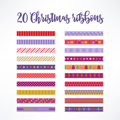 Twenty Christmas seamless ribbons with snowflakes, fir tree, stripes, balls