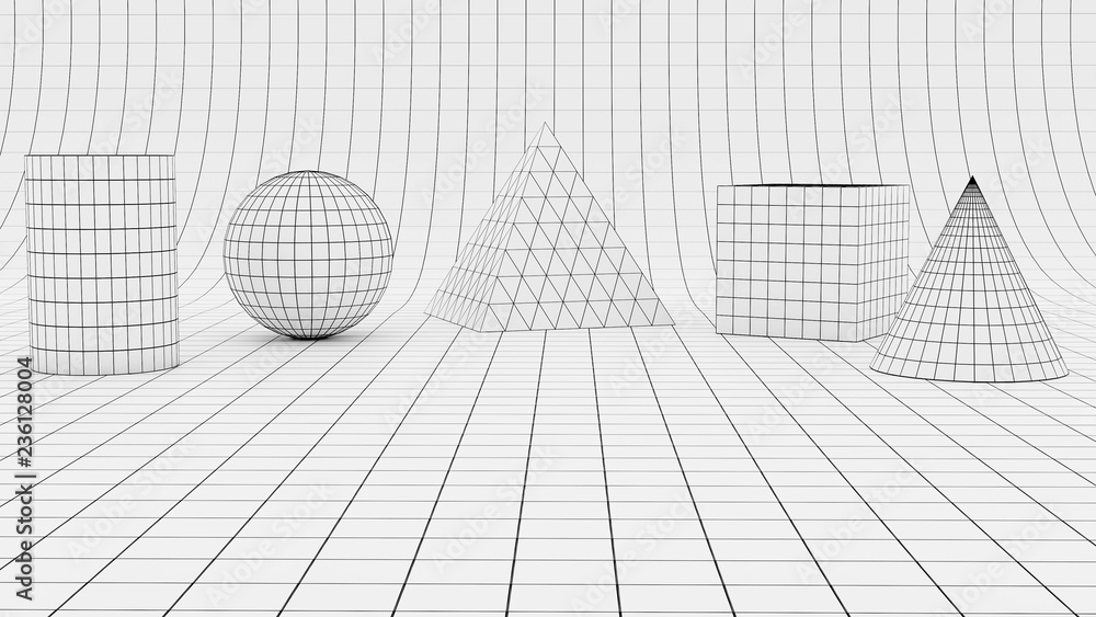 Poster 3d render - low polygonal geometric forms on quadratic backdrop
