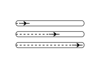 Progress loading bar with airplane is in a dotted line. The flying apartment is black. The waypoint is for a tourist trip. Track on a white background. Vector illustration. Tourism. Travel.