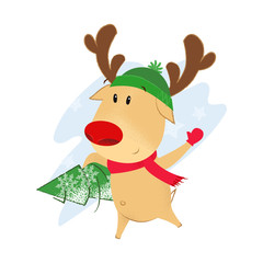 Cute reindeer carrying fir-tree. Christmas design element. For greeting cards, leaflets, brochures, invitations, posters or banners.