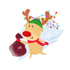 Fototapeta premium Cute reindeer carrying sack with gifts. New Year Day design element. For greeting cards, leaflets, brochures, invitations, posters or banners.