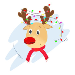 Cute reindeer with lights garland on antlers. Christmas design element. For greeting cards, leaflets, brochures, invitations, posters or banners.