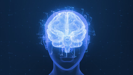 3D render of a holographic digital style human brain conveying the idea of artificial intelligence, bio hacking and the fusion of nature, technology and science