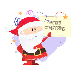 Cute Santa Claus pointing at Christmas poster. Christmas design element. For greeting cards, leaflets, brochures, invitations, posters or banners.
