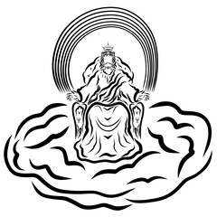 The reigning Jesus seated on a throne with Christian symbols, cloud and rainbow