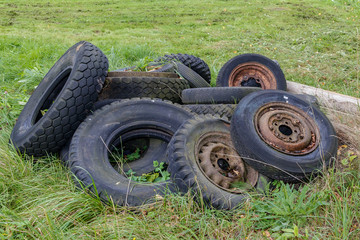 Fototapeta premium old car tires lie in green grass