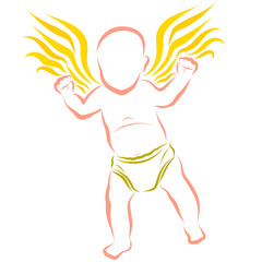 Little winged child makes the first steps, development, colorful pattern
