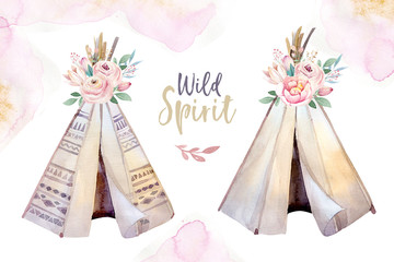 Watercolor colorful ethnic set of teepee and flowers bouquets in native American style.Tribal Navajo isolated wigwam illustration ornament on white background. © kris_art