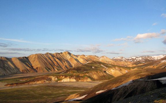 Panarama of popular most remote tourist destination Landmannalaugar at sunset from Blahnukur, Highlands in south Iceland, Europe