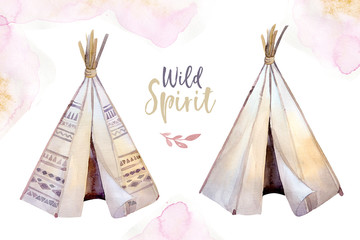 Watercolor colorful ethnic set of teepee and flowers bouquets in native American style.Tribal Navajo isolated wigwam illustration ornament on white background. © kris_art