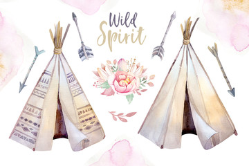 Watercolor colorful ethnic set of teepee and flowers bouquets in native American style.Tribal Navajo isolated wigwam illustration ornament on white background. © kris_art