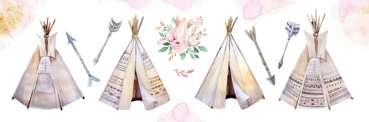 Watercolor colorful ethnic set of teepee and flowers bouquets in native American style.Tribal Navajo isolated wigwam illustration ornament on white background. © kris_art