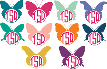 Butterfly silhouette - circle frame monogram. Vector icon isolated on white background - Vector