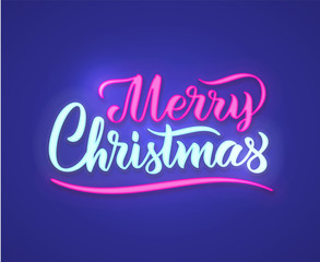 Merry Christmas neon text sign. Vector background. Neon glowing signboard