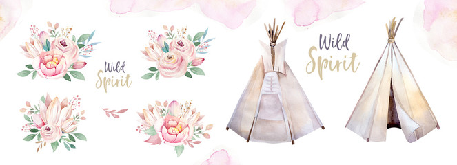 Watercolor colorful ethnic set of teepee and flowers bouquets in native American style.Tribal Navajo isolated wigwam illustration ornament on white background. © kris_art