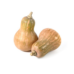 Butternut pumpkin and slice on a white background.