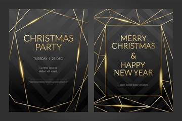 Luxury christmas party poster template with gold frame and black background. Invitation template. Geometric shape.