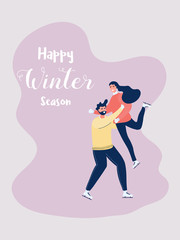 Sweet Couple boy and girl skating in the winter season. Man raising his girlfriend. Merry Christmas and Happy New Year.