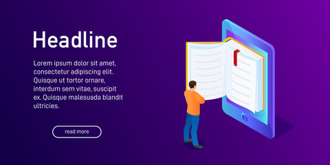Isometric concept of e-book, landing page design.