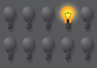 Creative ideas about the lamp. Different and distinctive lamps are lined in a vignette on a gray background. The show featured in different ideas in the business. Success before. Vector illustrations
