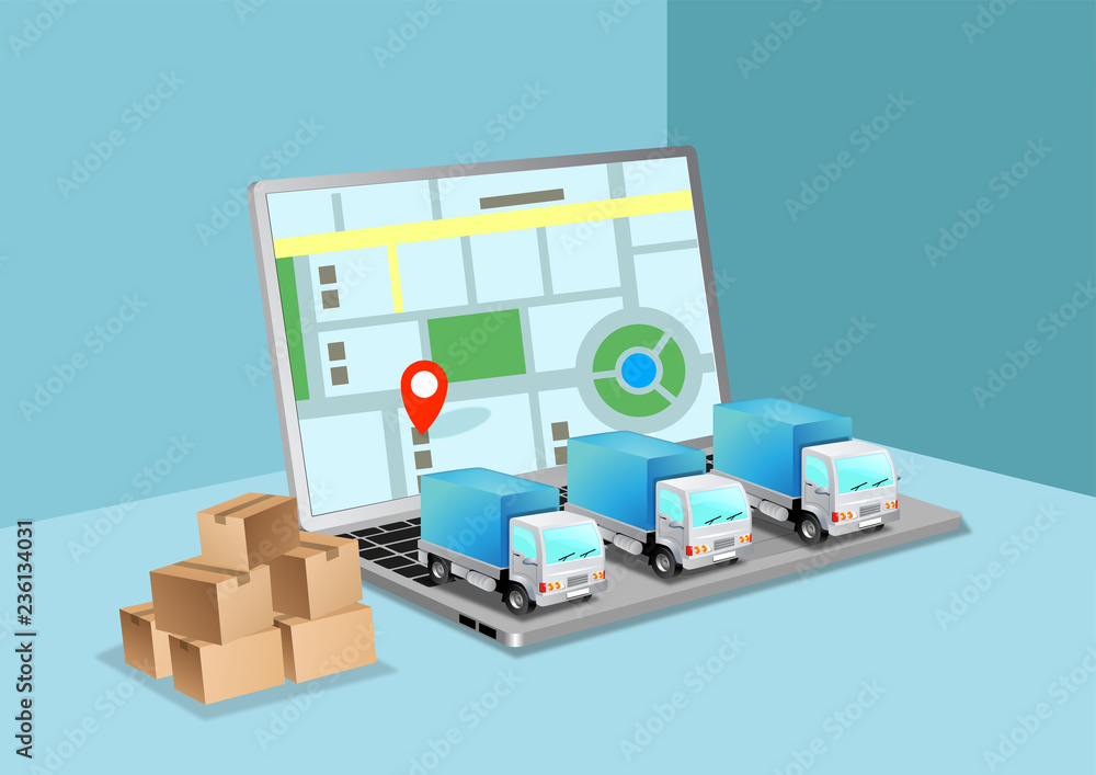 Poster delivery concept with computer technology, gps system, laptops. with the advanced and faster deliver