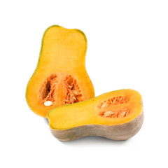Butternut pumpkin and slice on a white background.