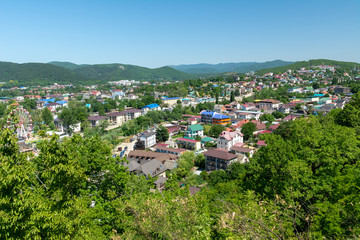 Top view of Arkhipo-Osipovka and Caucasus mountains