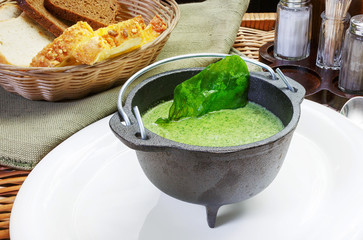 Green gazpacho soup in a plate