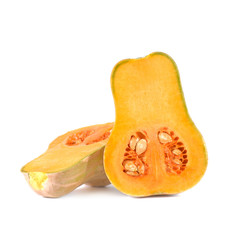 Butternut pumpkin and slice on a white background.