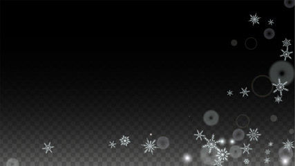 Christmas  Vector Background with White Falling Snowflakes Isolated on Transparent Background. Realistic Snow Sparkle Pattern. Snowfall Overlay Print. Winter Sky. Design for Party Invitation.