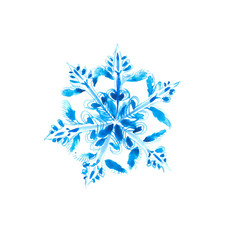 Beautiful snowflake. Waiting for the first snow. Pattern on the glass. Watercolor background.