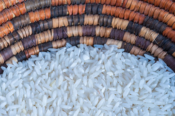 Close-up on uncooked rice in a woven basket