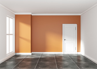 Empty room with orange wall on black granite floor. 3D rendering