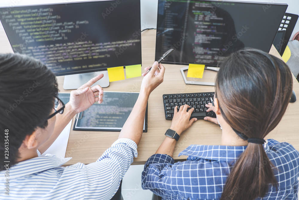 Aufkleber two professional programmers cooperating at developing programming and website working in a software