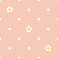 Cute seamless pink flat background with polka dot pattern and white flowers. Children's bedroom, kids nursery decorative wallpaper. Cloth texture. Gift wrapping. Vintage colors. Vector Illustration.