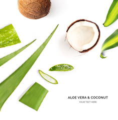 Creative layout made of aloe vera and coconut on white background.Flat lay. Food concept.