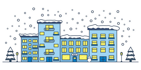 Winter street with houses and shop. Christmas city. Line art. Vector illustration.