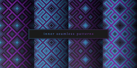 Vector set of sacred geometry seamless pattern; Mixed styles - ancient traditional northern embroidery with contemporary digital design; Psychedelic paganism.