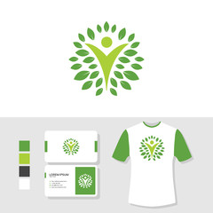 Wellness logo design with business card and t shirt mockup