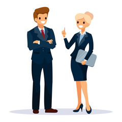 Man and woman in black suits. Woman holding keep in hands laptop. Business People teamwork, Vector illustration cartoon character.
