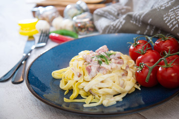 tasty Carbonara pasta on the table