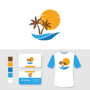 Summer palm tree logo design with business card and t shirt mockup