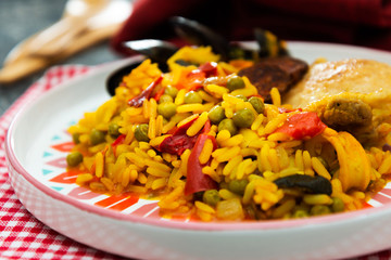 Prawn with rice - closeup of prawn with rice - traditionnal spanish food paella