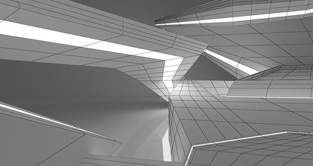 Abstract drawing white interior multilevel public space. 3D illustration and rendering.