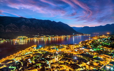 Fototapeta premium Sunset above the town and the Bay of Kotor in Montenegro