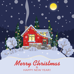 Fototapeta na wymiar Vector Christmas card with a house, trees, Christmas trees and bushes in flat style