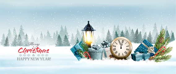 Fototapete Feiertags-Weihnachtspanorama mit einer Winterlandschaft und Geschenkboxen mit Uhr. Vektor. © ecco