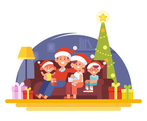 Merry Christmas and Happy New Year. Happy family together. Mom, dad and kids sitting on the couch at home. People in Santa hat, New Year tree. Cartoon style vector illustration