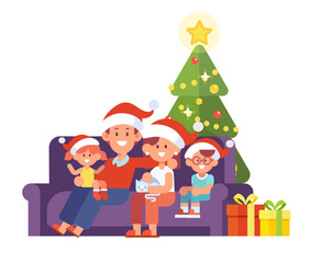 Obraz na płótnie Canvas Merry Christmas and Happy New Year. Happy family together. Mom, dad and kids sitting on the couch at home. People in Santa hat, New Year tree. Cartoon style vector illustration